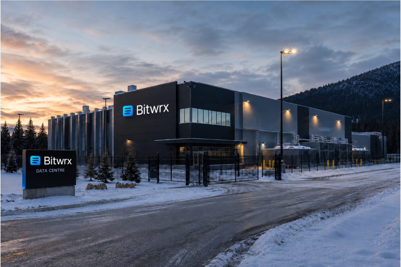 Bitwrx data center campus exterior at twilight, framed by Canadian Rockies and snow-covered grounds
